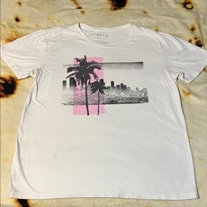 Apt. 9 White Tee with Pink and Black Cityscape Design